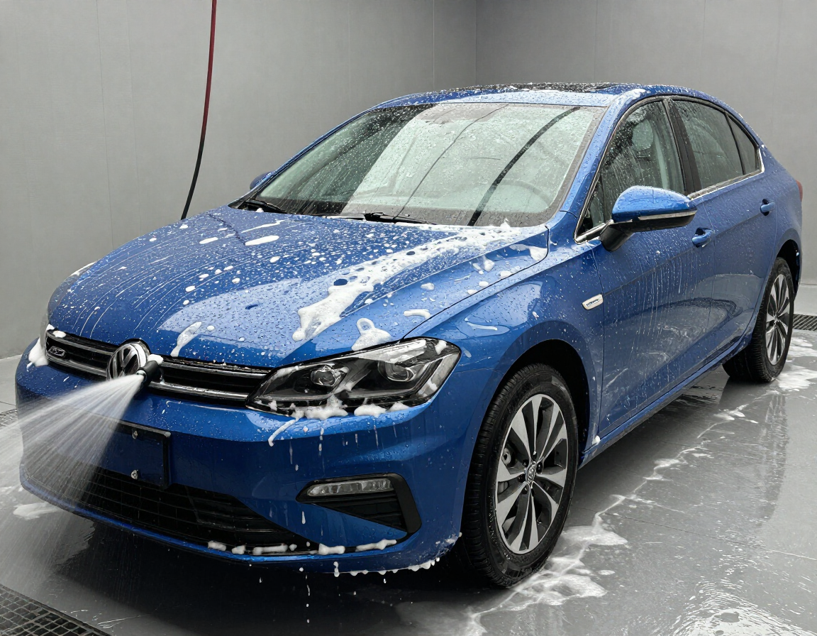 Sedán azul rociado con agua en un autolavado, con espuma en el parabrisas y el capó.