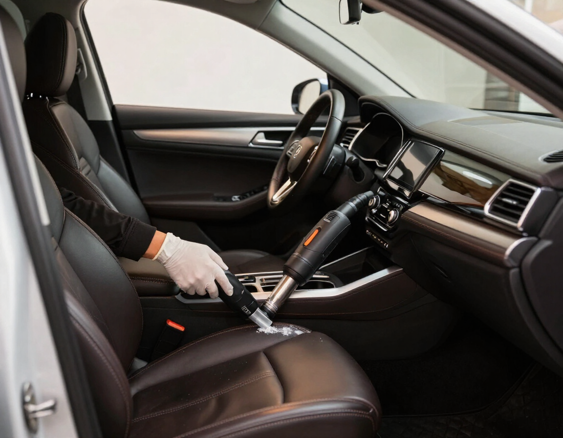 Una mano enguantada limpiando el interior de un coche negro, centrándose en la consola central y el asiento delantero.
