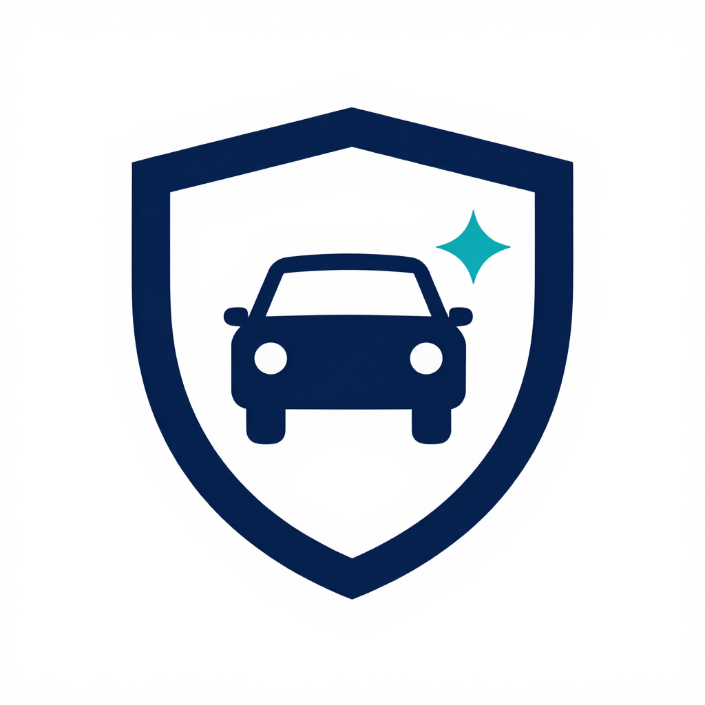 Icono de escudo azul con un coche blanco y un destello verde azulado, que sugiere protección o seguro para vehículos