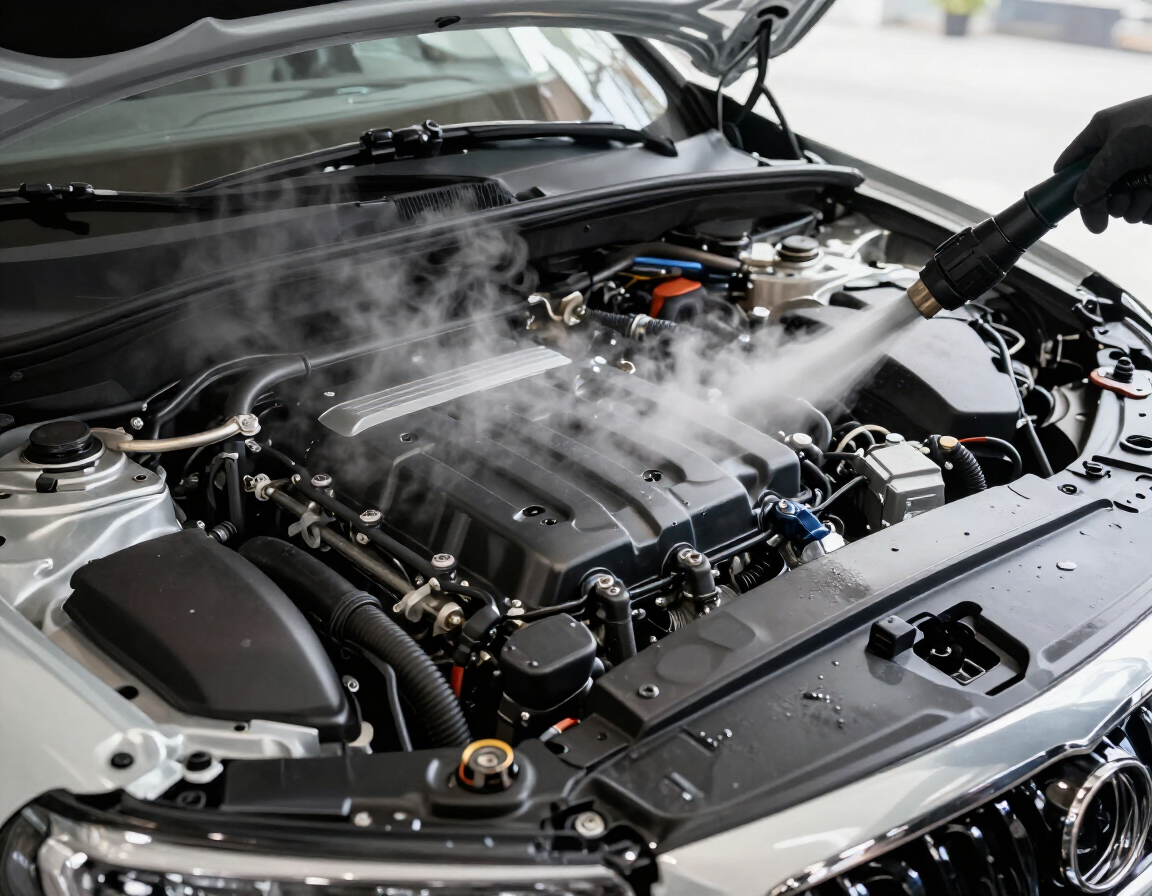 Compartimento del motor rociado con agua, con vapor saliendo durante la limpieza o el enfriamiento