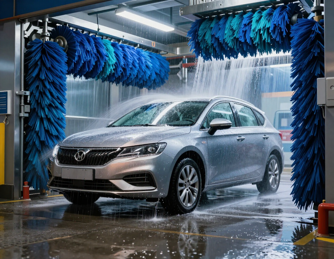 Sedán plateado en un túnel de lavado automático, con cepillos azules y chorros de agua