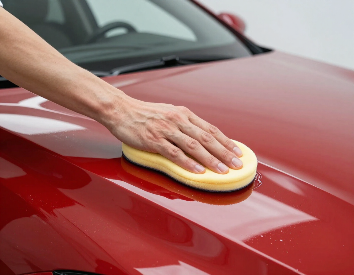 Puliendo a mano el capó de un coche rojo con una esponja amarilla