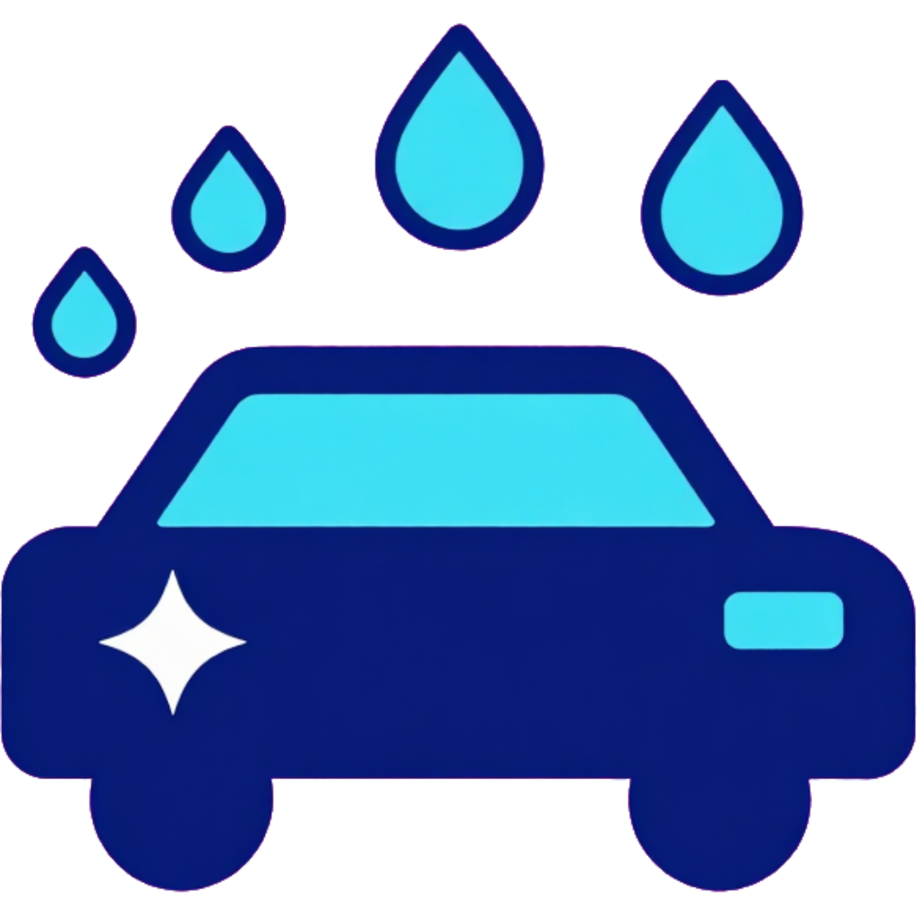 Coche azul con gotas de agua encima, que sugiere un icono de lavado de coches o de lluvia