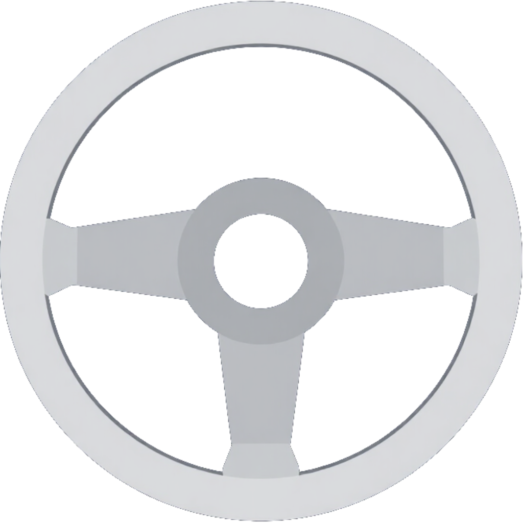 Icono plateado de un volante sobre fondo blanco