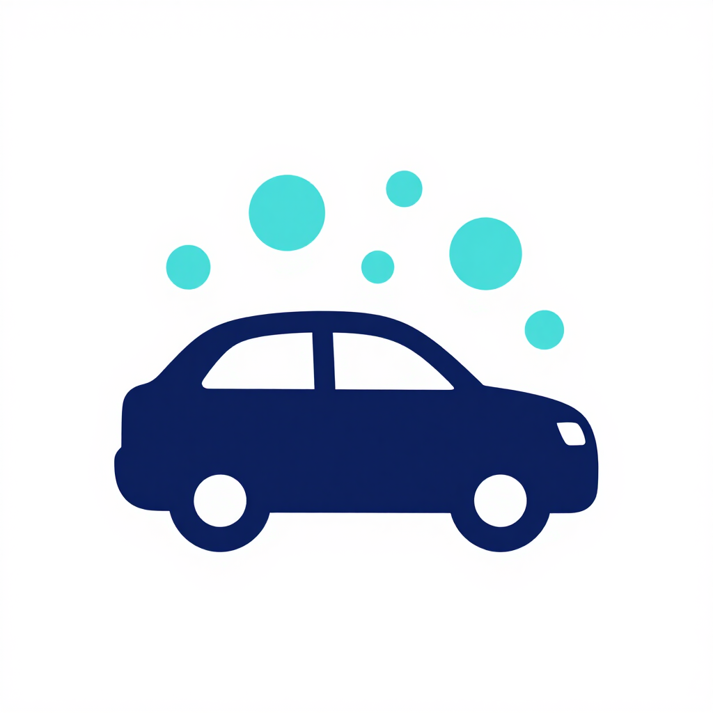 Icono de un coche azul con burbujas verde azulado encima, sobre un fondo blanco