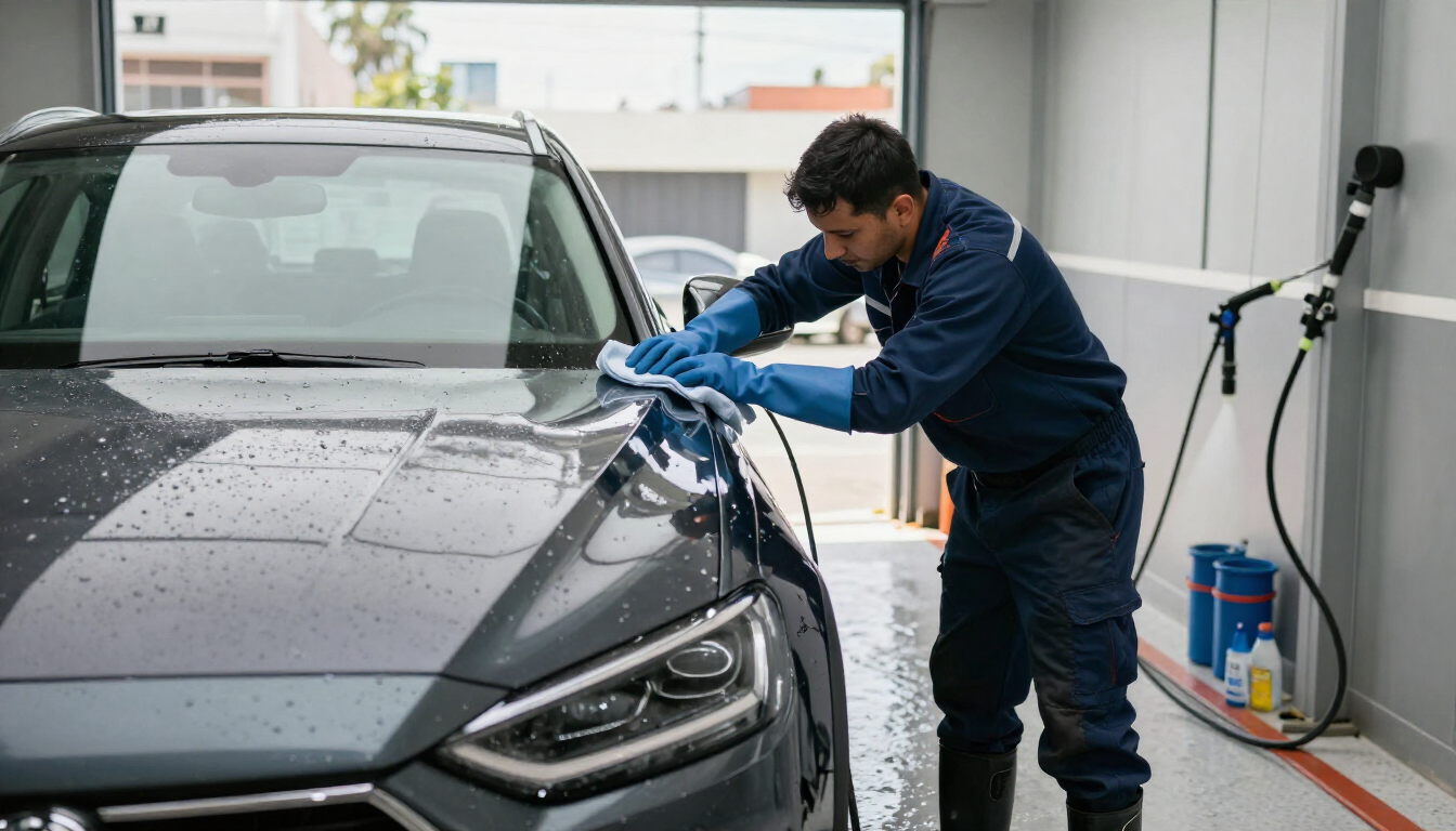 Persona lavando un coche negro en un garaje con una manguera a presión