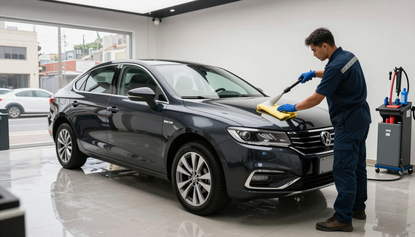 Un mecánico lavando un sedán negro en un taller de detallado automotriz bien iluminado