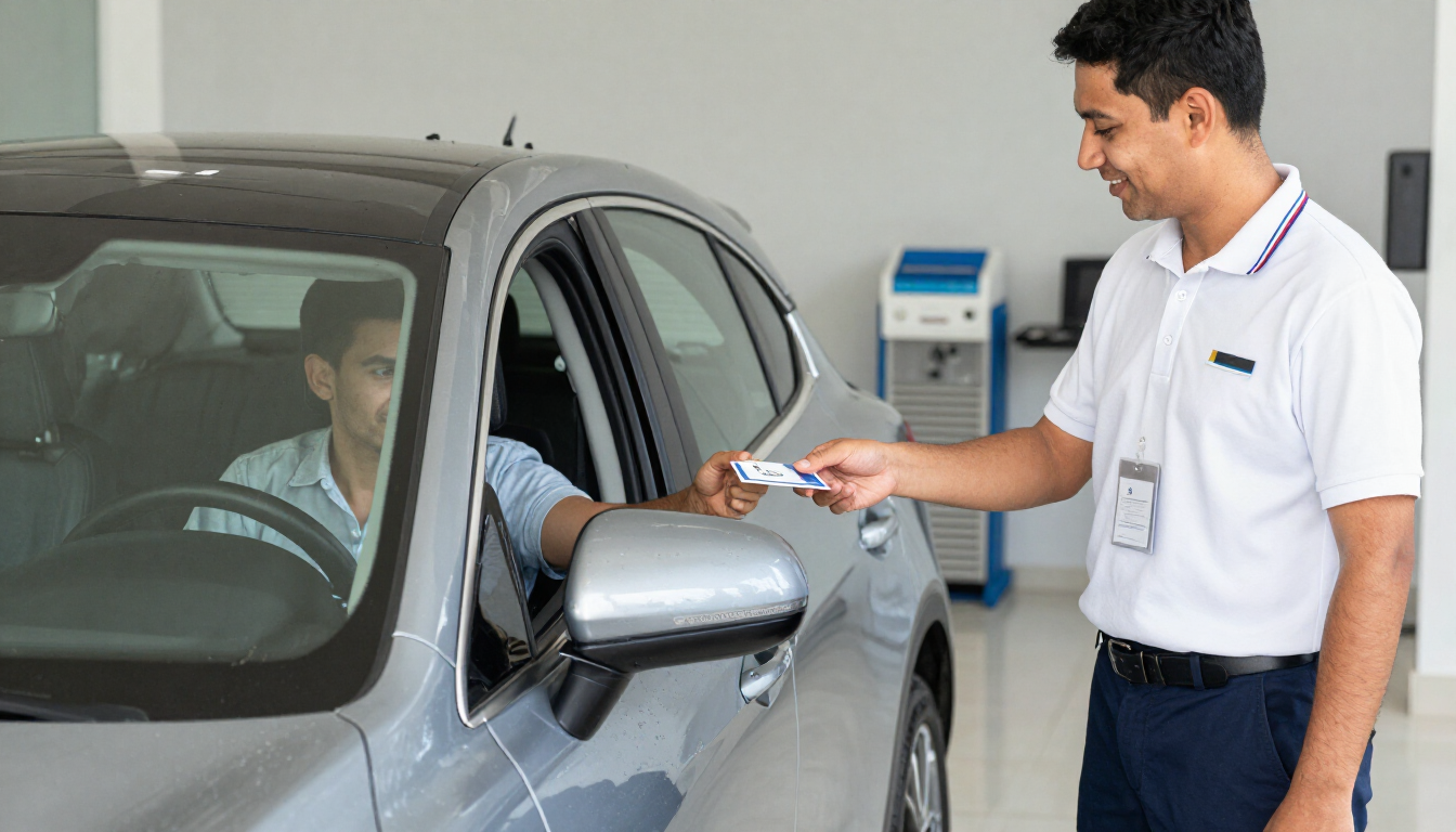 Un hombre en la ventanilla de un autoservicio entregándole una tarjeta al conductor de un coche gris