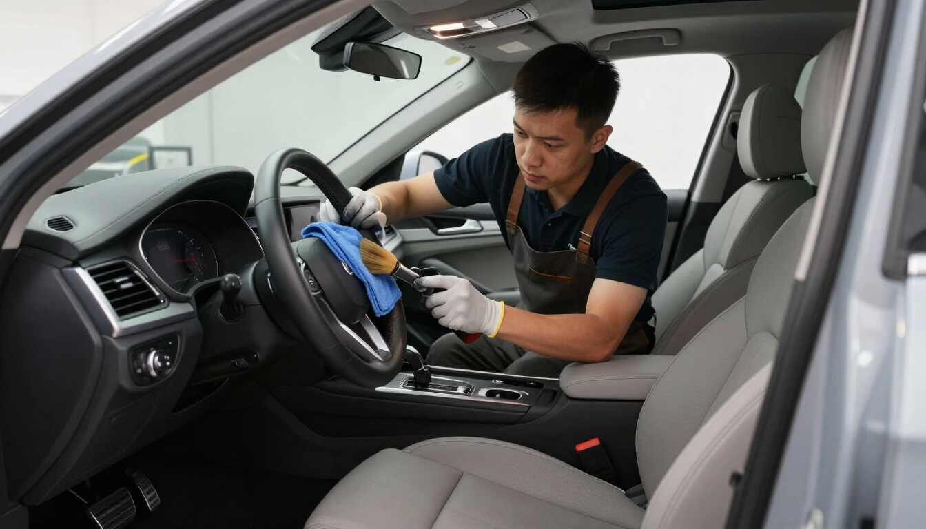 Un técnico limpia el interior de un coche, pasando un paño y rociando un producto en el volante y el salpicadero.