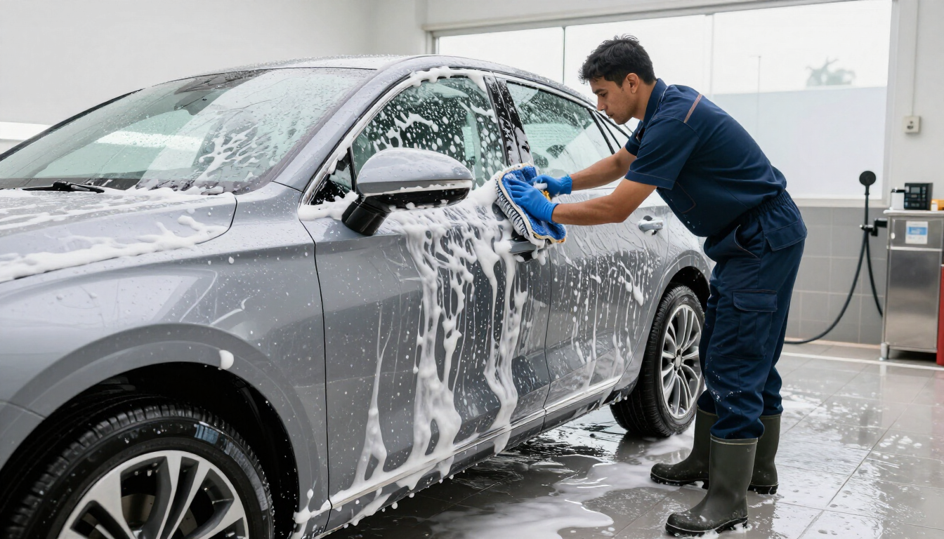 Una persona lava un coche gris con una esponja; el agua y la espuma de jabón salpican en la zona de lavado de coches