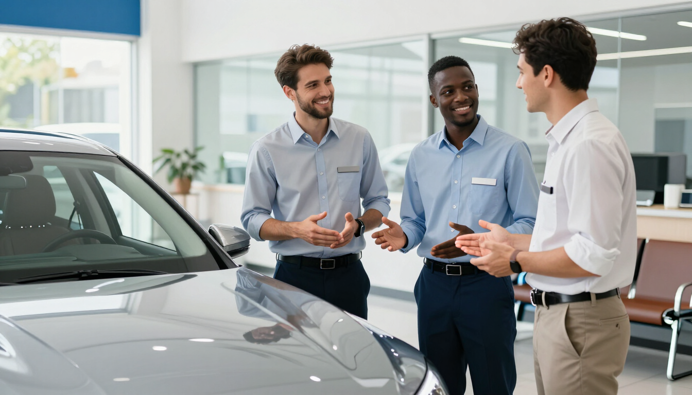 Tres personas conversan sobre un coche gris en un luminoso concesionario.