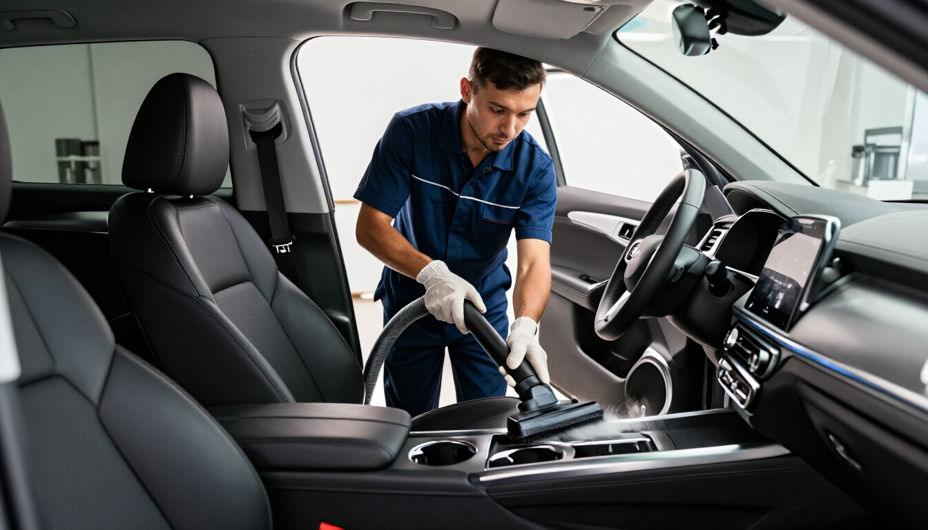 Un técnico aspirando y limpiando el interior de un coche con asientos y salpicadero negros
