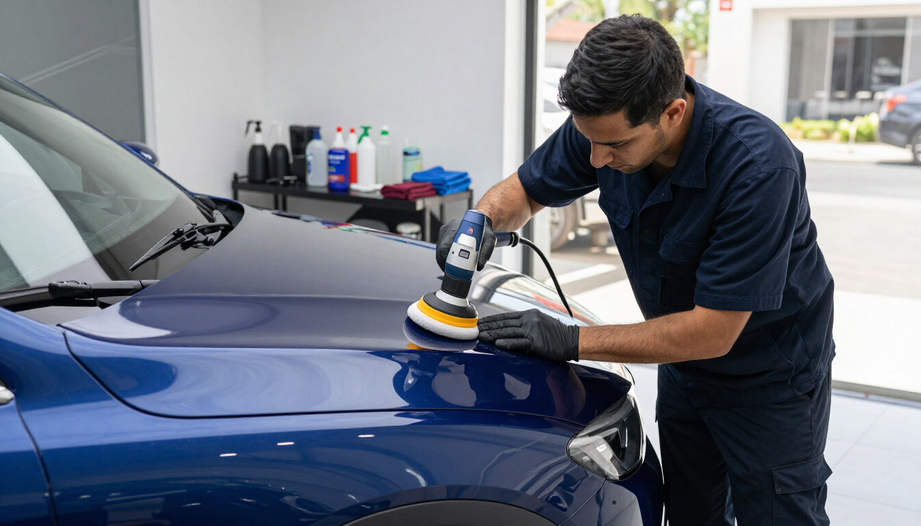Un trabajador de detallado pule un coche azul con una pulidora en un garaje