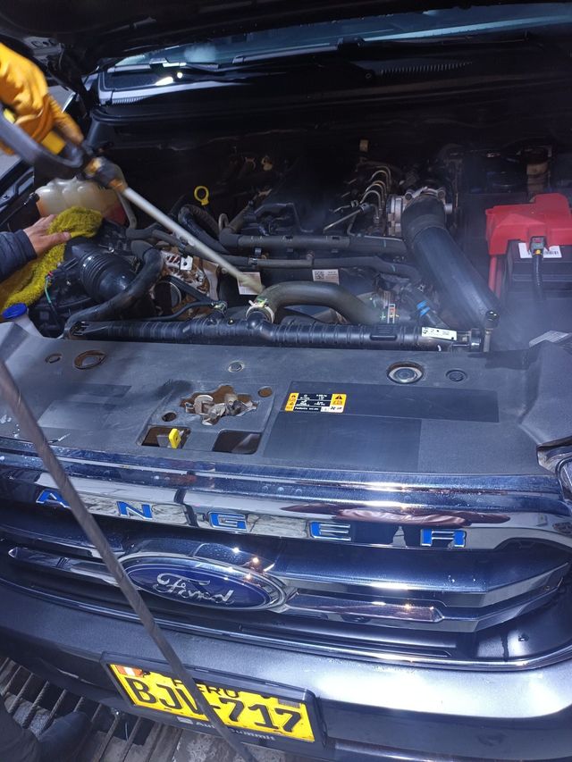 Una persona limpiando a presión el compartimento del motor de un coche negro en un garaje
