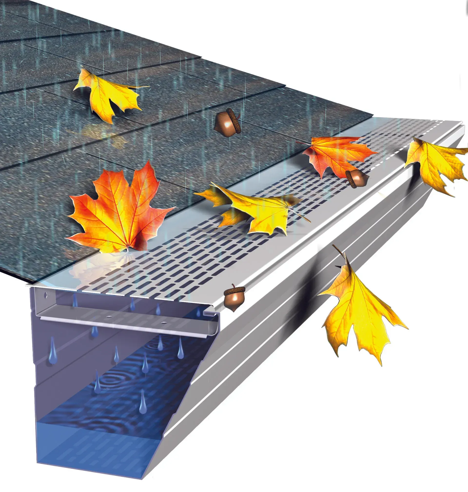 A gutter with leaves and acorns on it