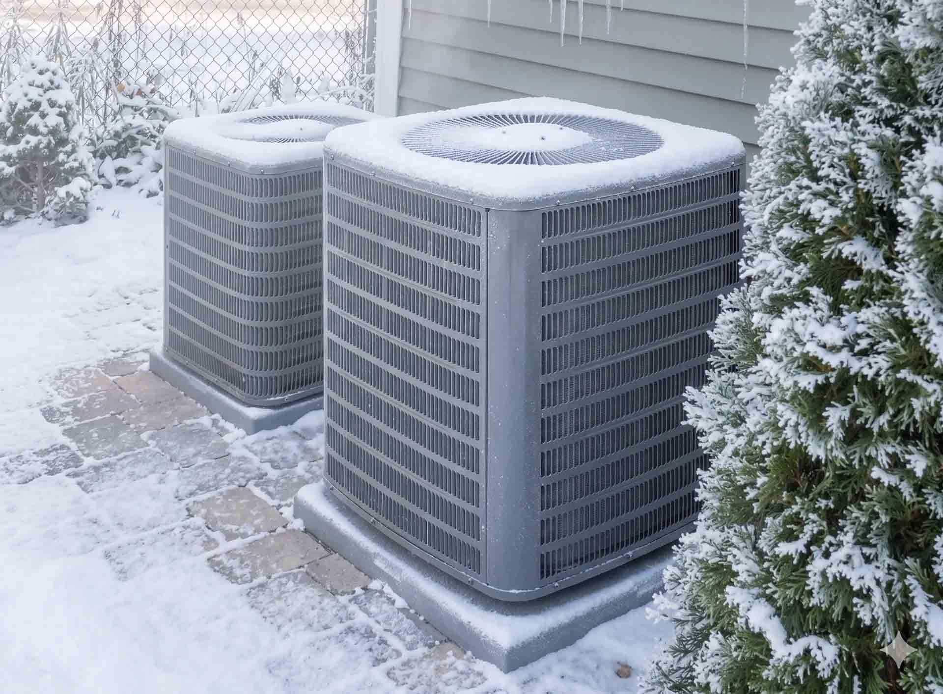 Deux unités de climatisation extérieures saupoudrées de neige à côté d'une maison en hiver