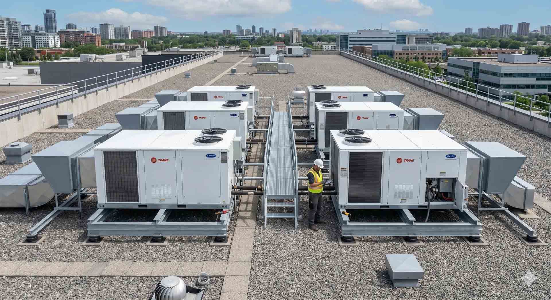 Des rangées d'unités de climatisation industrielles blanches sur un toit de gravier, avec des bâtiments de la ville en arrière-plan.