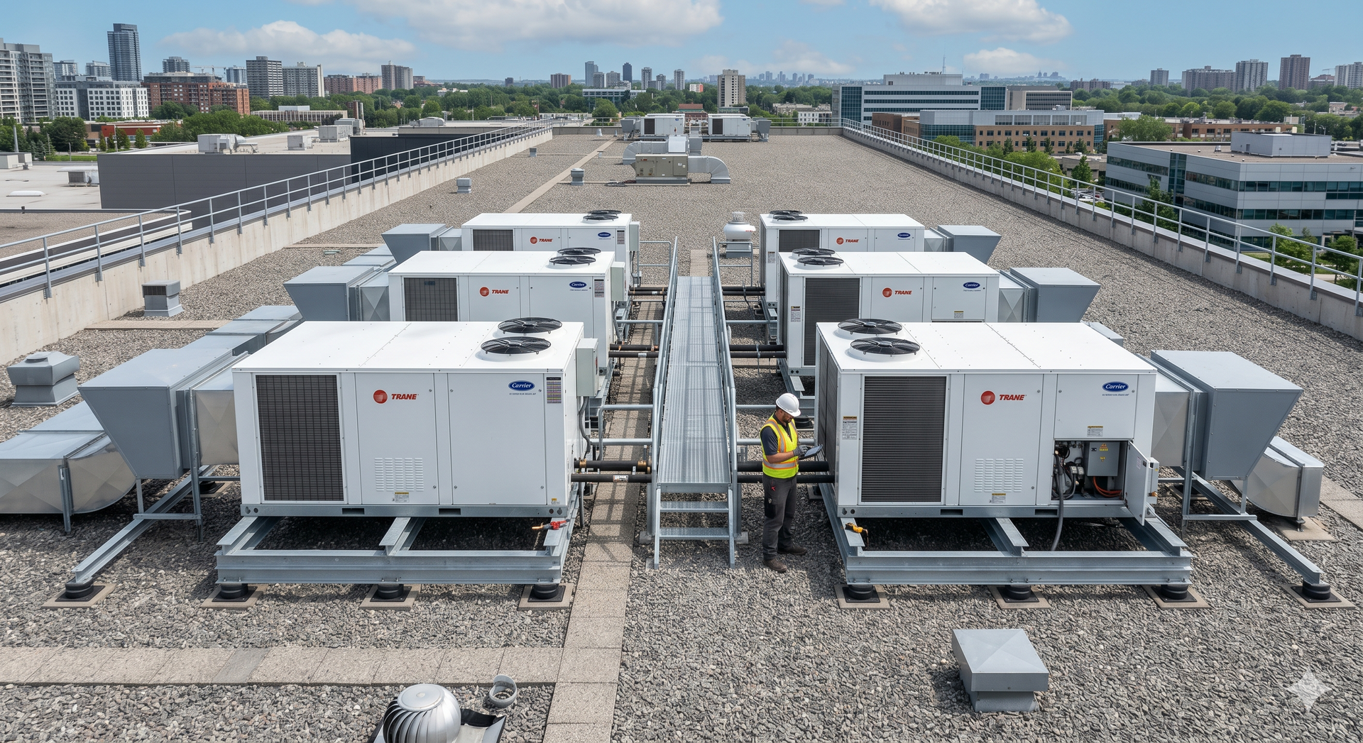 Des rangées d'unités de climatisation industrielles blanches sur un toit de gravier, avec des bâtiments de la ville en arrière-plan.