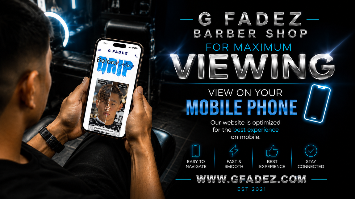 Barber shop ad showing a man viewing a haircut on a phone, with bold text and glowing blue accents