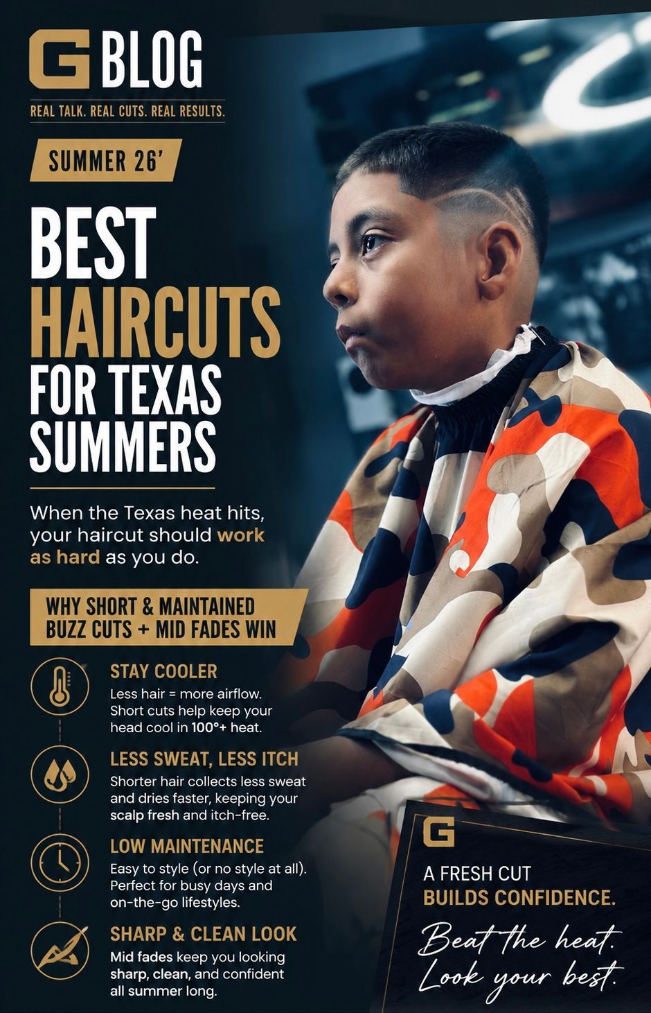 Gblog ad featuring a man in a barber cape, promoting best haircuts for Texas summers