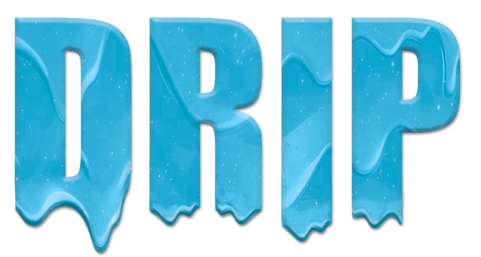 Blue dripping word “DRIP” in glossy 3D letters on a white background