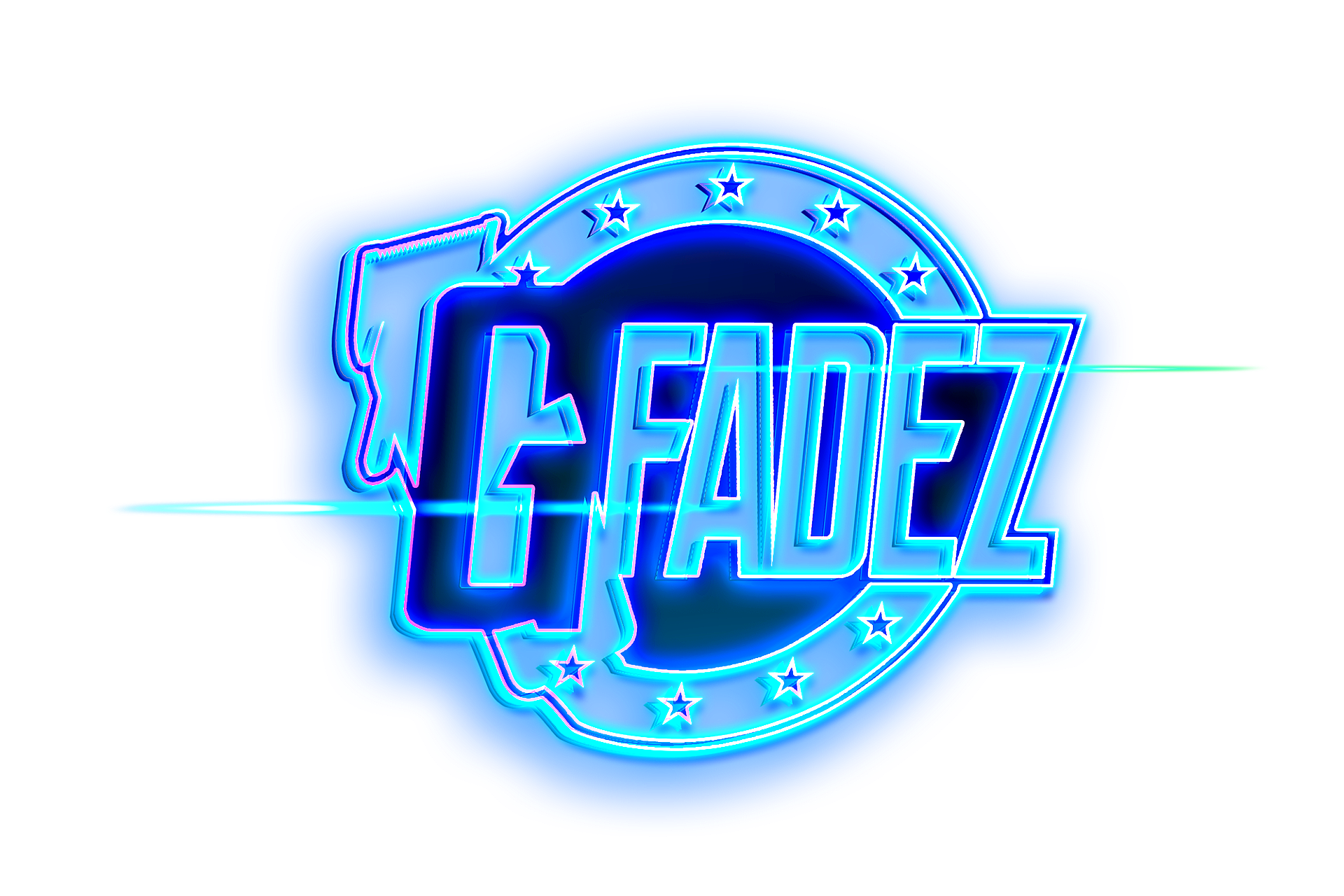 Blue glowing “G FADEZ” logo with a circular star border on a white background