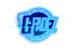 Blue glowing “G FADEZ” logo with a circular star border on a white background
