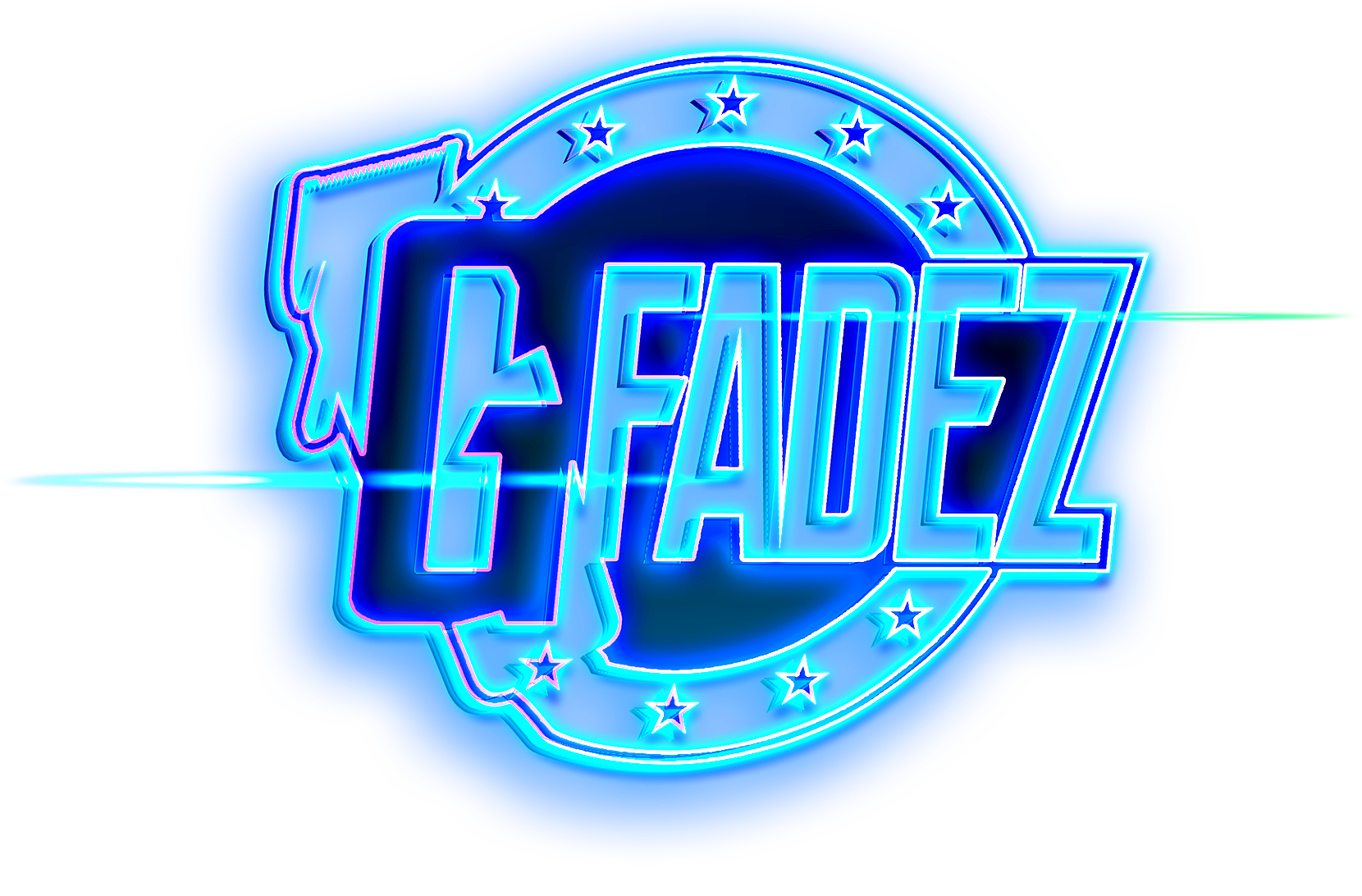 Blue neon-style “G-FADEZ” logo with stars inside a glowing ring