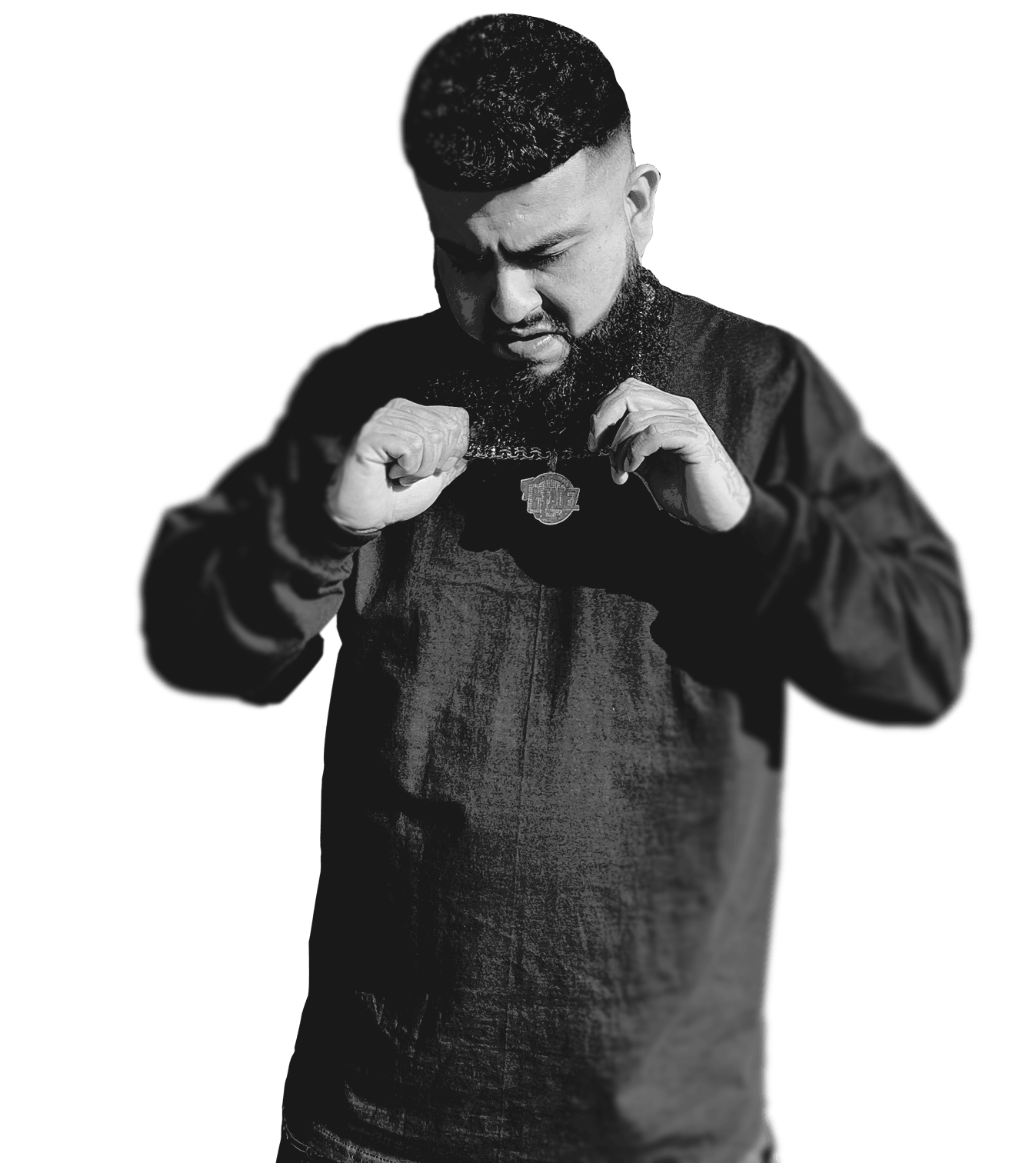 Black-and-white portrait of G FADEZ looking down while adjusting a necklace.
