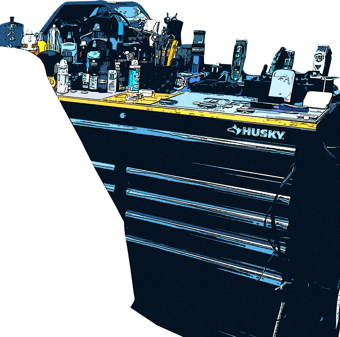 Black Husky tool chest with assorted tools and parts displayed on top in a workshop.
