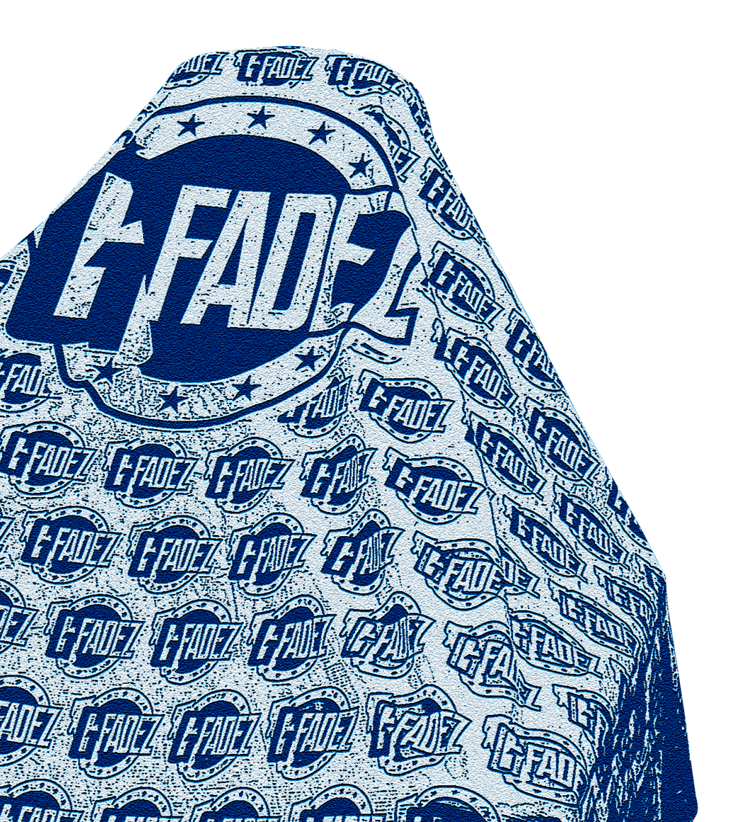 Blue and whiteG FADEZ branded cloth draped over a mannequin against a white background