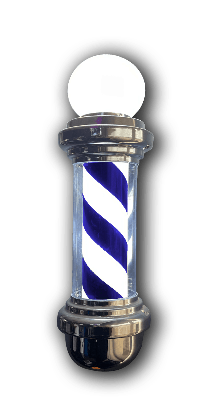 Blue-and-white striped barber pole with a white globe top and metallic base