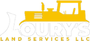 Yellow bulldozer silhouette above the name "Loury's Land Services LLC" in white text.