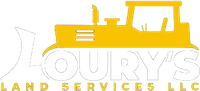 Yellow bulldozer silhouette above the name "Loury's Land Services LLC" in white text.