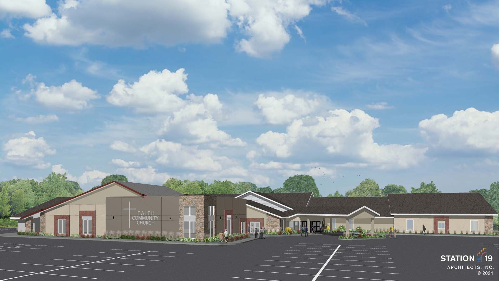 Architectural rendering of a tan and brown building with a cross; parking lot in front.