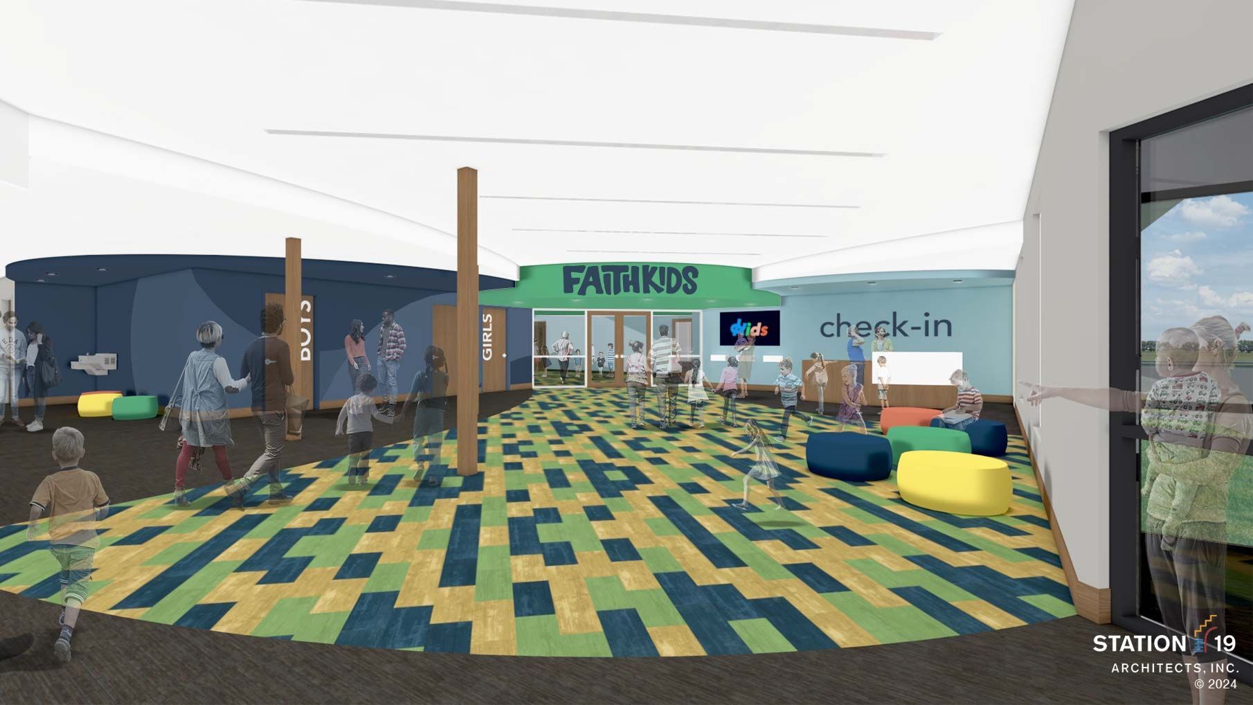Indoor play area with ball pit, check-in, and FARMKIDS sign. Kids playing; colorful floor and seating.