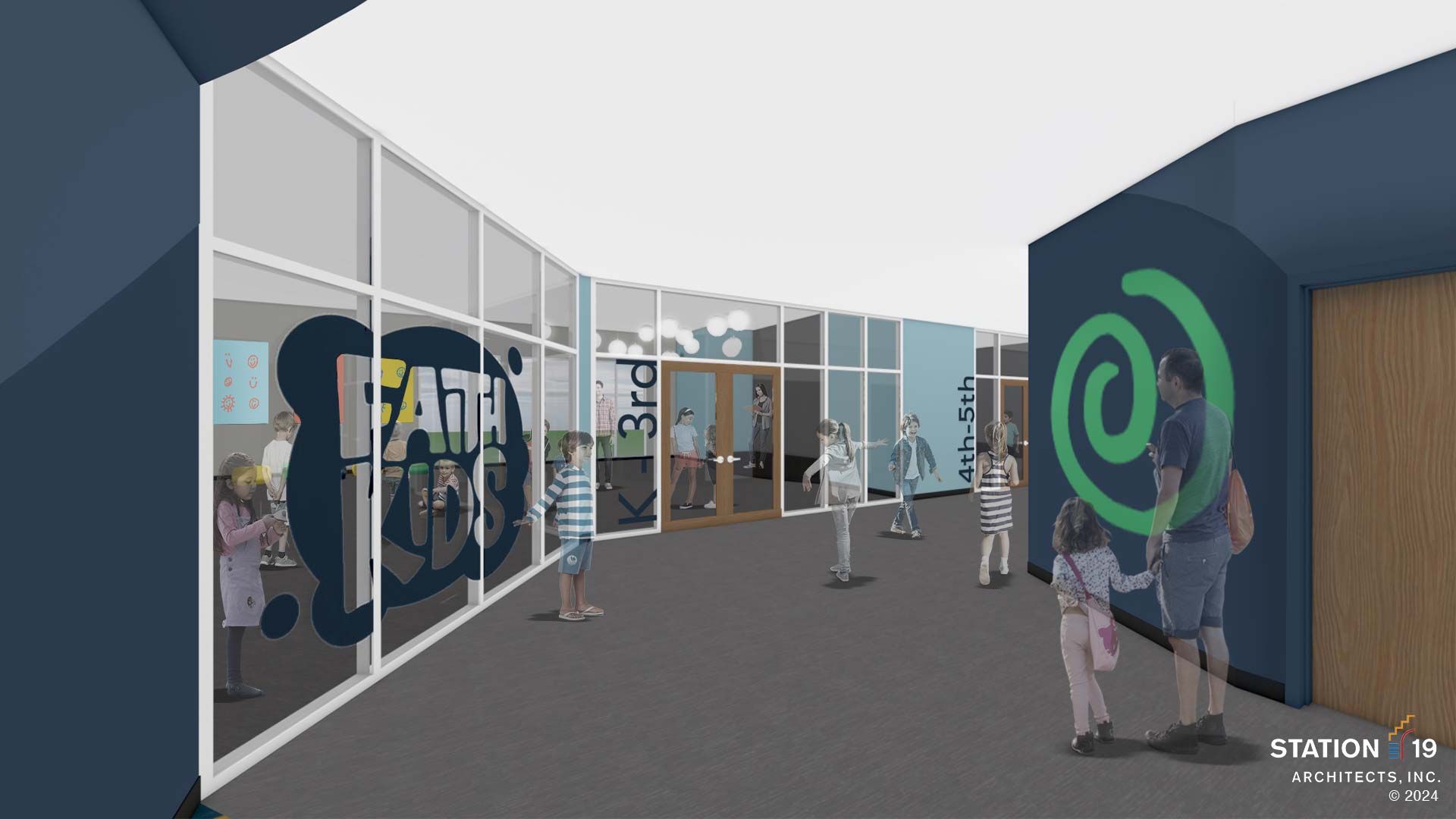 Interior of a colorful play area with glass walls and children. A green spiral logo is on the wall.