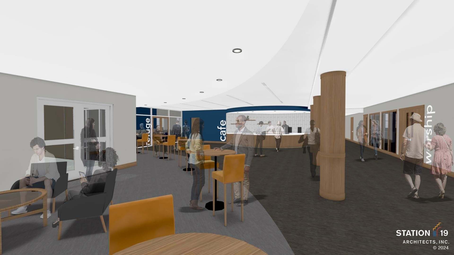 Interior view of a modern lounge. People stand and sit near a bar, tables, and artwork; a curved white ceiling.