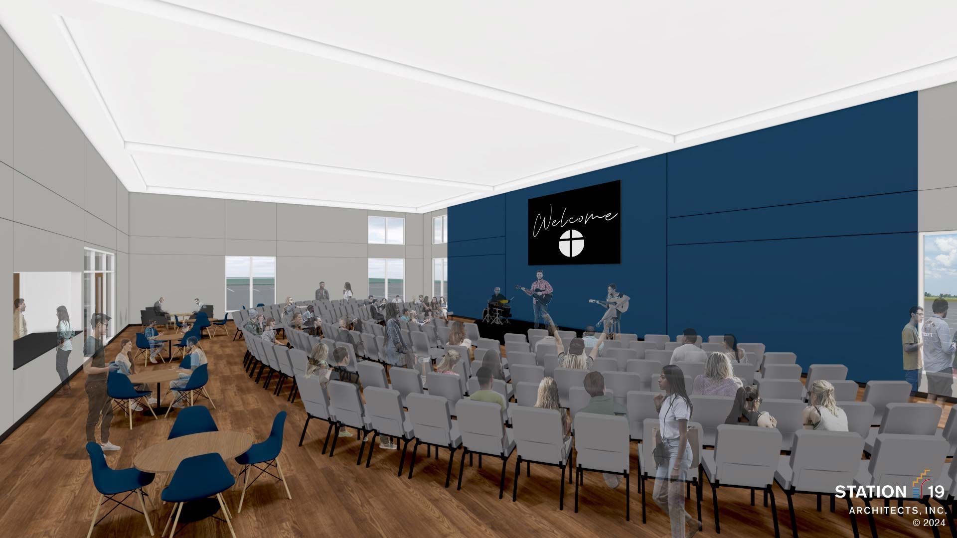 Interior rendering of a large room with a stage, audience, and round tables with chairs. Blue accent wall.