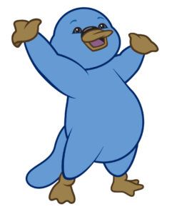 Blue cartoon platypus with arms raised, smiling.