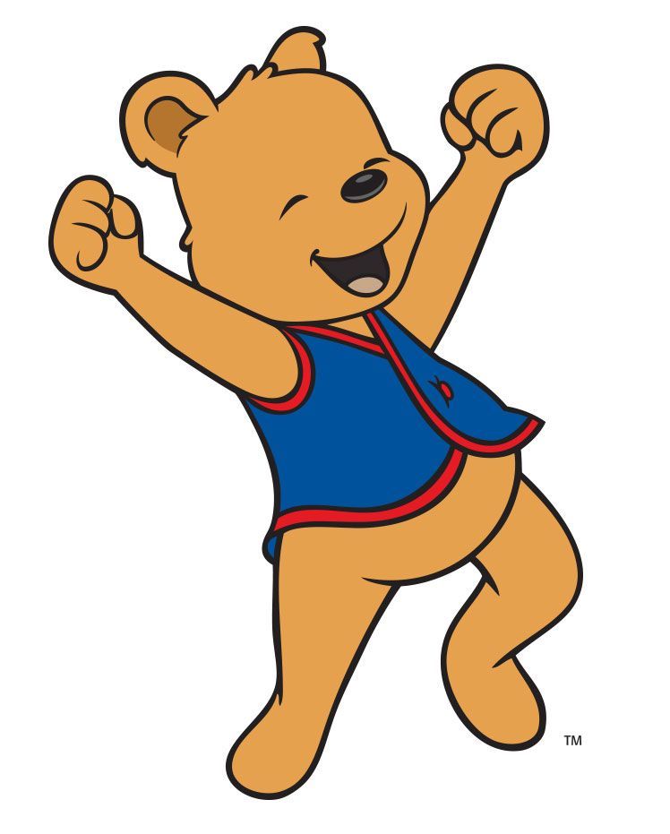 Brown bear with arms raised in joy, wearing a blue vest with a red trim, and smiling.