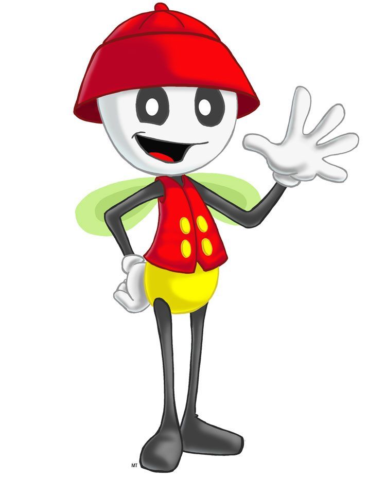 Smiling cartoon firefly wearing a red cap and vest, waving.