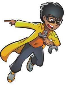 Cartoon person in yellow lab coat, holding a wrench, pointing, and flying.