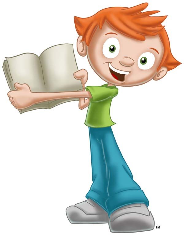 Boy with red hair, green shirt, and blue jeans holding a book, smiling.