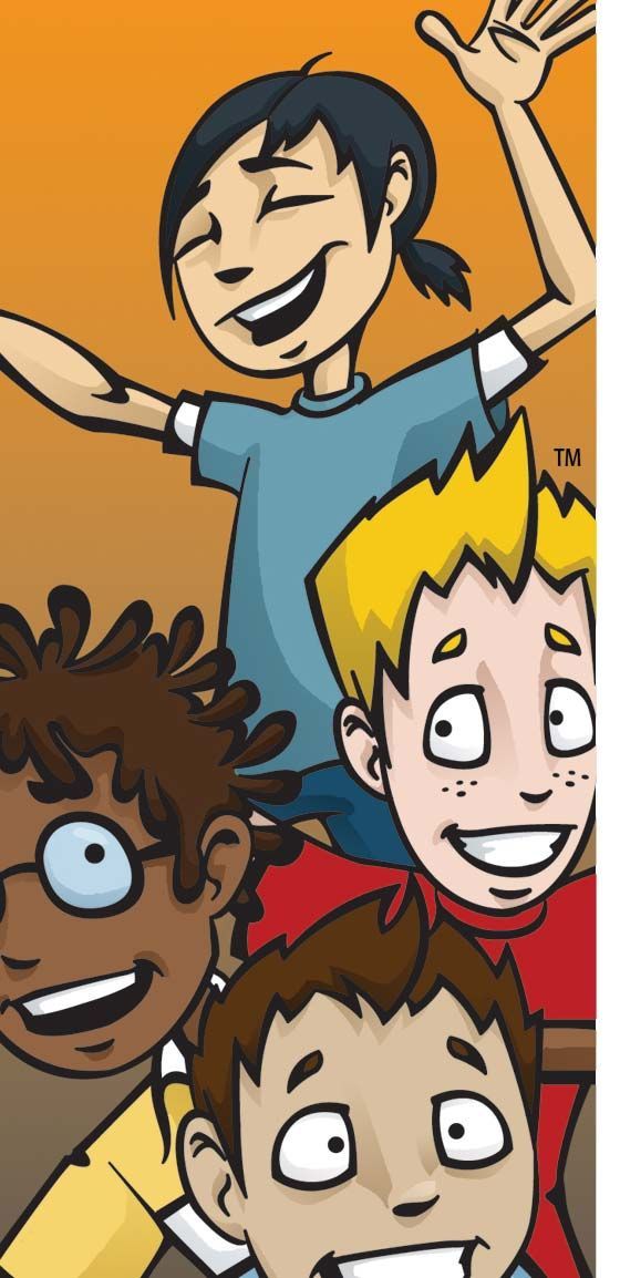 Four cartoon children smiling. One raises arms in excitement. Orange background.