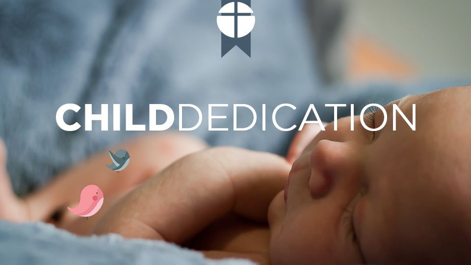 Child dedication graphic featuring a baby on a blue blanket.