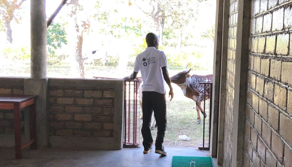 blog4featured Man in white shirt and black pants stands near an open gate. A spotted deer is entering the doorway.