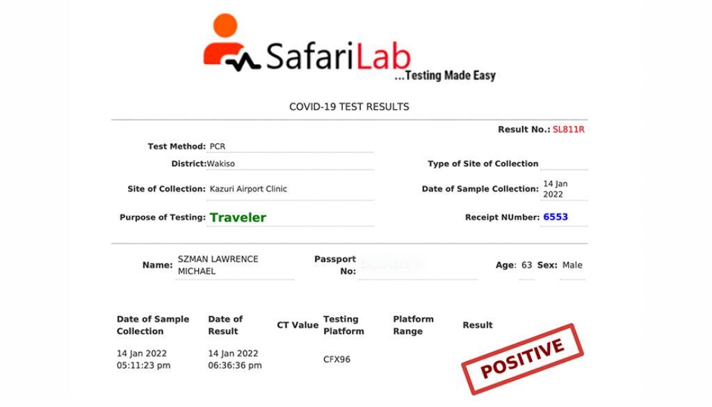 blog6 COVID-19 test result from SafariLab marked positive. Test date Jan 2023.
