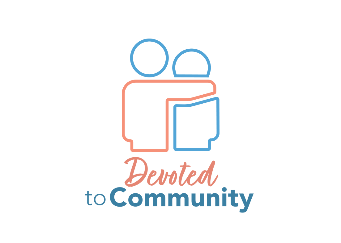 Outlined figures of two people hugging, blue and peach, with