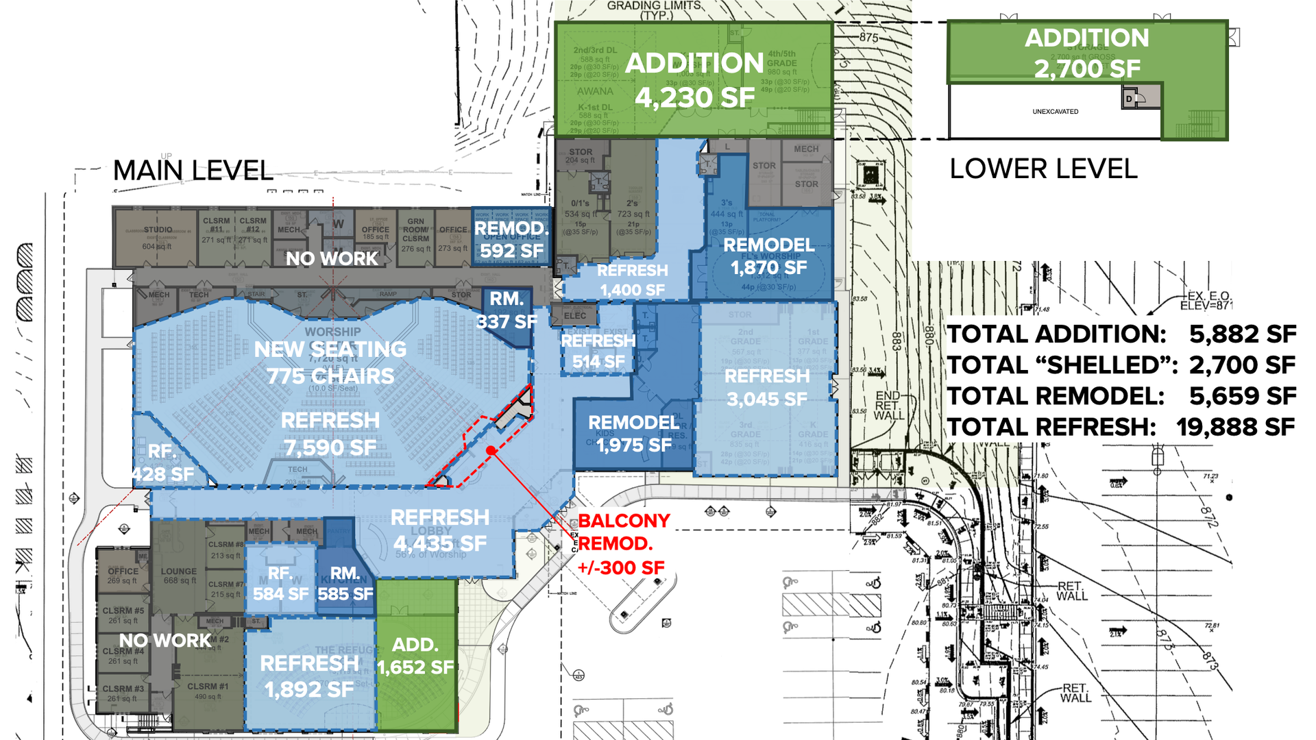Floor plan with a main level and lower level, showing additions, remodels, and refreshes, with square footage.